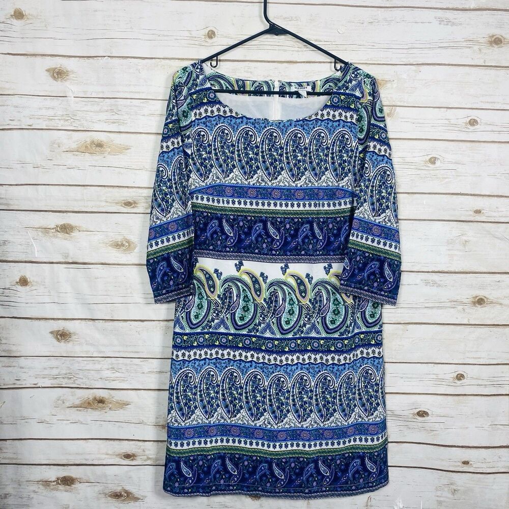 Old Navy Women Blue Paisley Shift Dress 3/4 Sleeve Back Zipper Size M